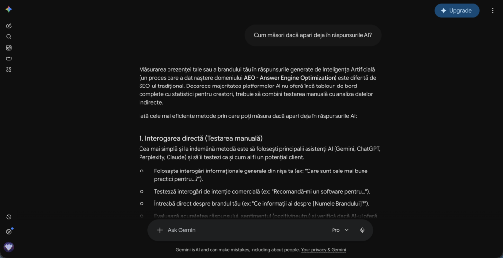 Interfata Google Gemini cand utilizatorul intreaba "Cum măsori dacă apari deja în răspunsurile AI"
